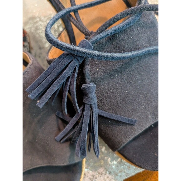 CAbi Isla Espadrille Women 9 Wedge Heel Aztec Blue Suede Beaded Lace Up Sandals - Picture 6 of 11